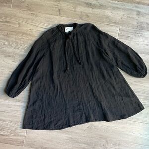 Manebi Oversized Crinkle Linen Blend Black Button-Up Blouse Braided Neck Tie M/L